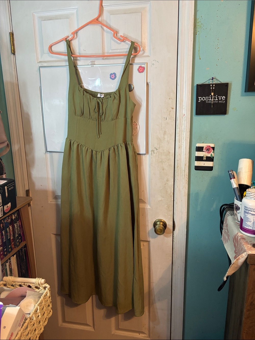 Sleeveless Olive Green Maxi Dress with Tie Front Size Large